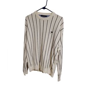 Tommy Hilfiger Men's Ivory and Black Striped Crewneck Sweater Size Large